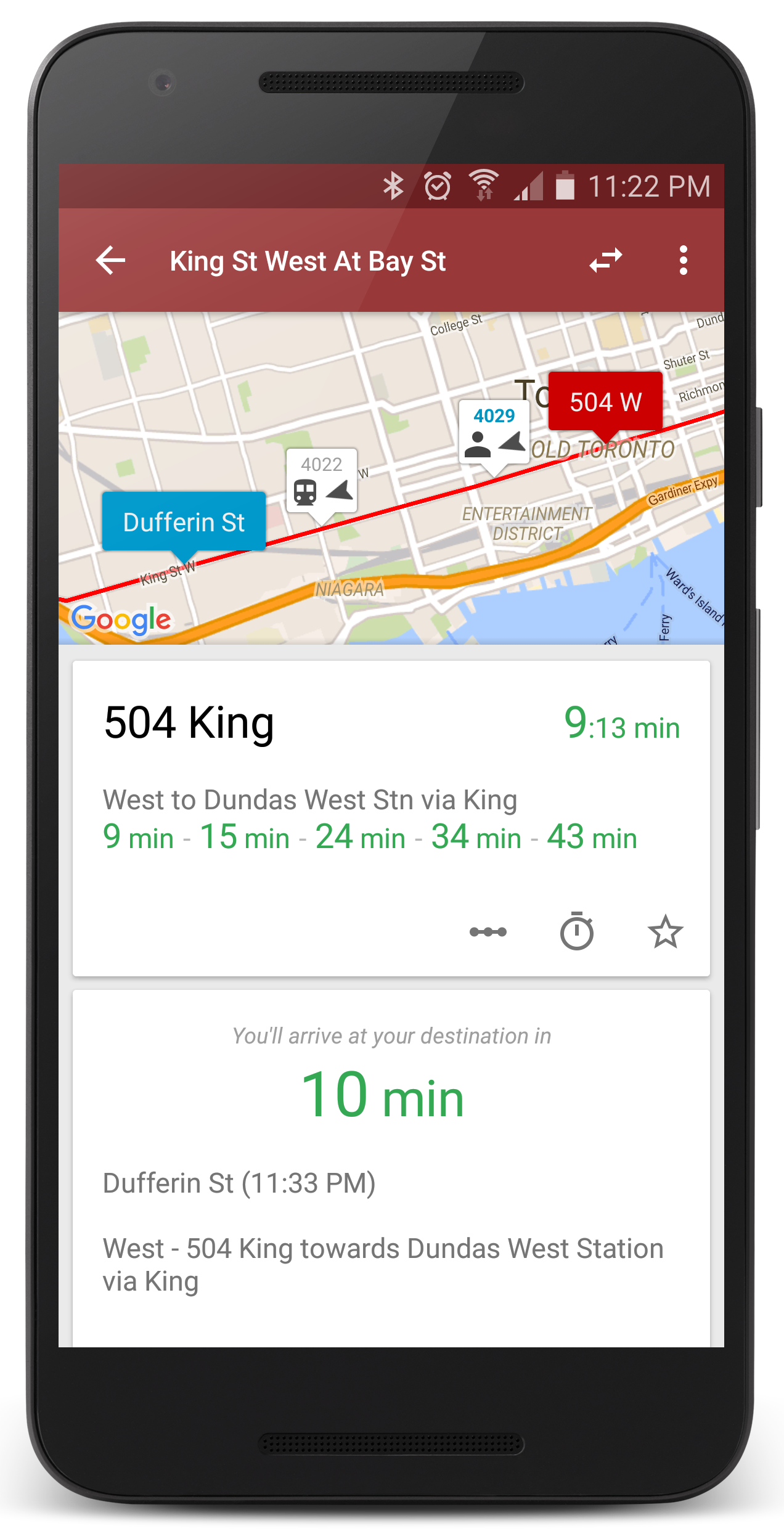 View bus and streetcars arrival times in real-time on a map.