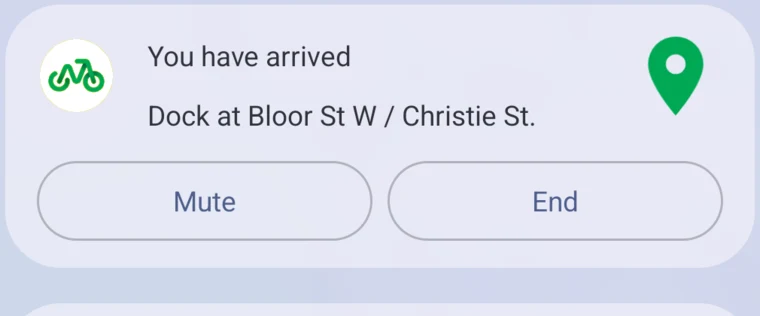 Cycle Now notification: You have arrived. Dock at Bloor St W / Christie St.