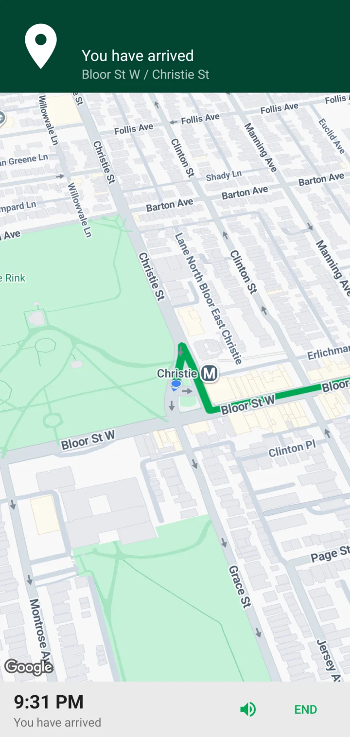 Cycle Now navigation at the end of the ride: You have arrived, Bloor St W / Christie St, with the route ending beside Christie station