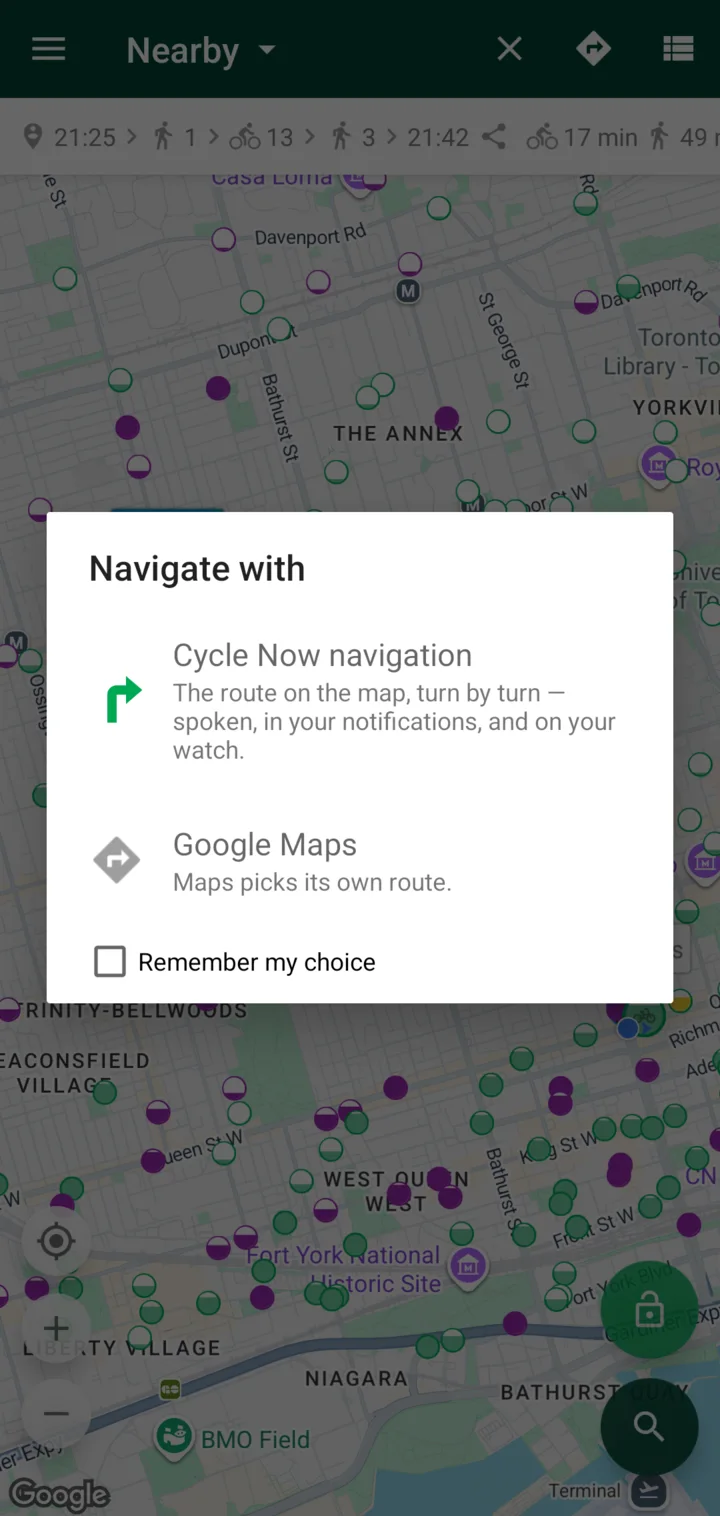 The Navigate with sheet in Cycle Now: Cycle Now navigation (the route on the map, turn by turn — spoken, in your notifications, and on your watch) or Google Maps (Maps picks its own route)