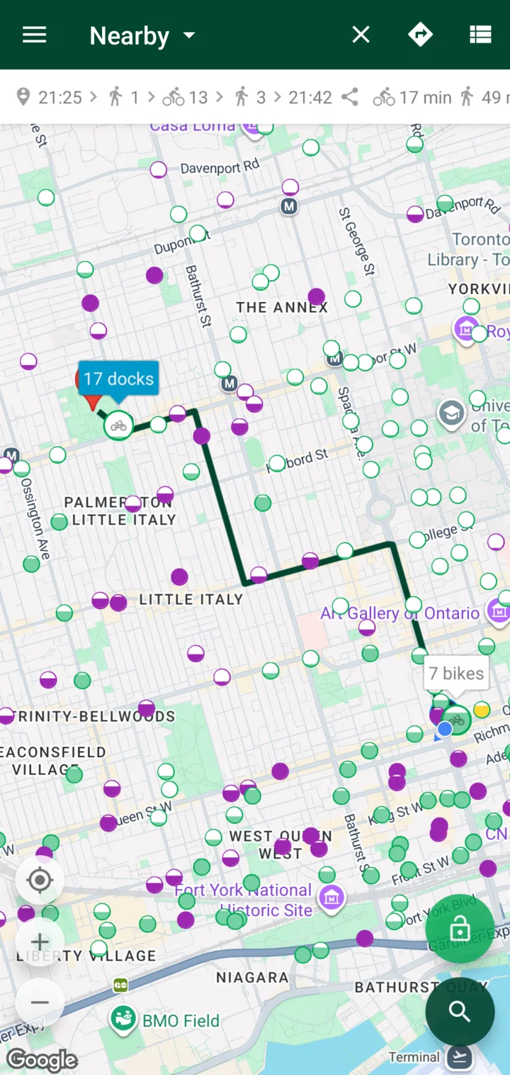 Cycle Now map: a quiet bike route from Queen and Spadina to Christie Pits through Little Italy