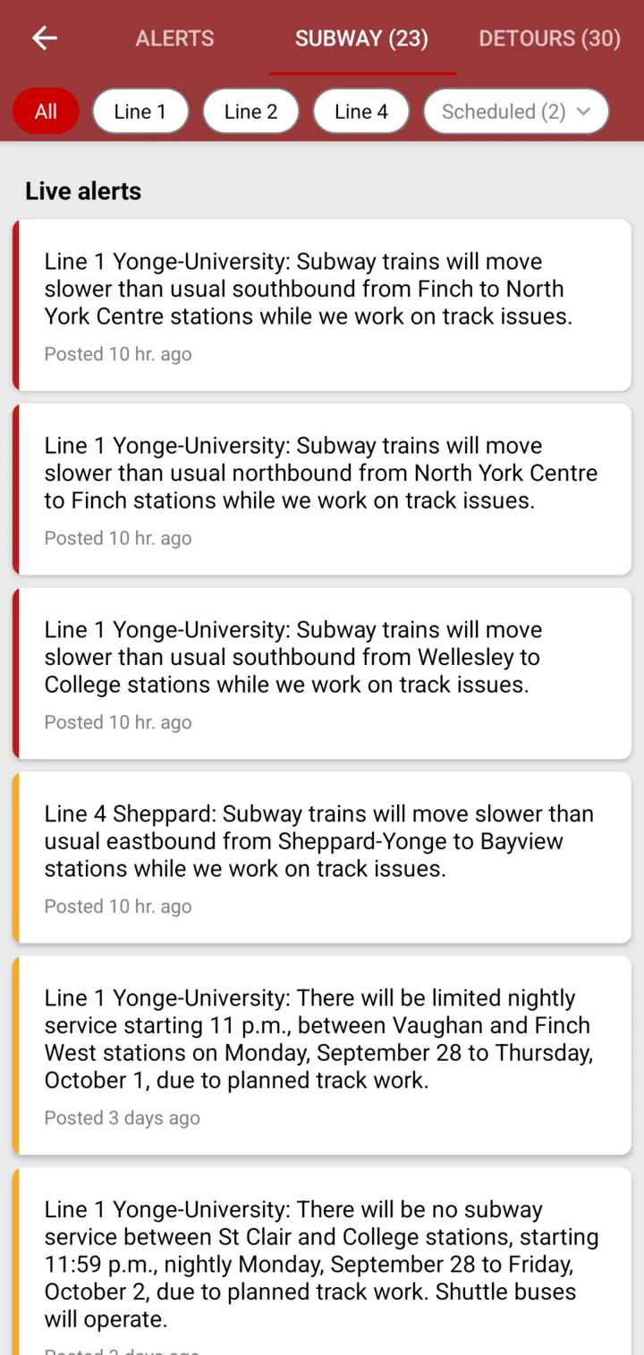 Subway alerts tab with Line 1, Line 2 and Line 4 filters and live track-work alerts