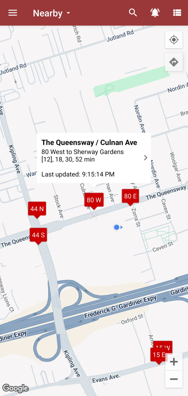 Map of nearby stops with route labels 44 N, 44 S, 80 W, 80 E and 15 E, and a popup of upcoming arrivals
