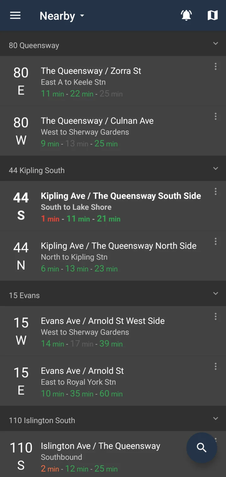 The Nearby list in night mode