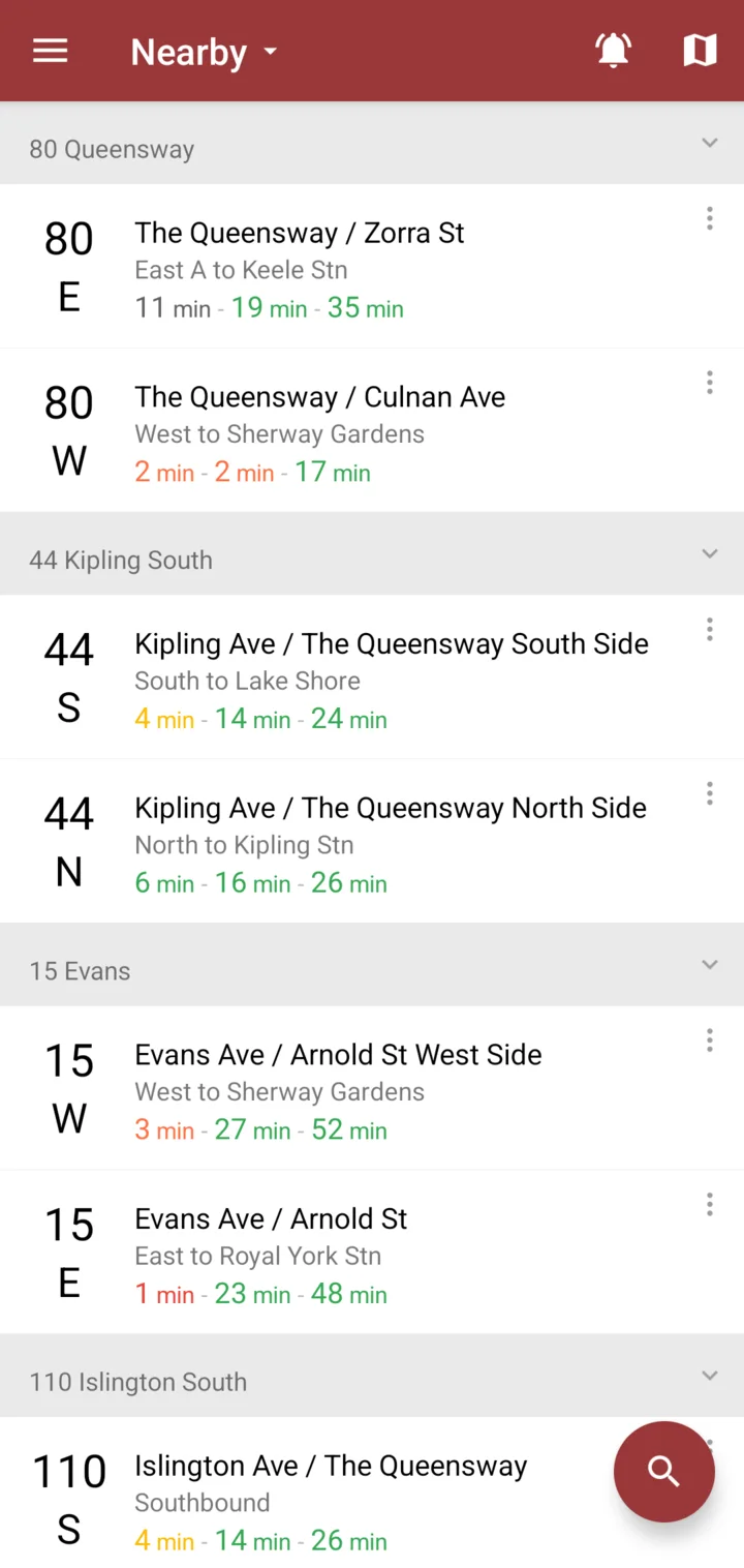 Transit Now's Nearby list at Kipling and The Queensway: 80 Queensway, 44 Kipling South and 15 Evans with colour-coded arrival times