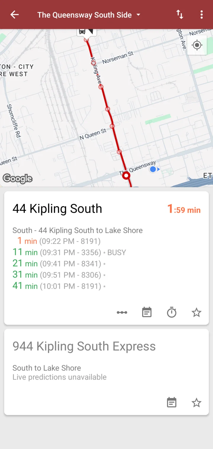 Stop details for 44 Kipling South: a 1:59 countdown, the route on a map and upcoming arrivals with times and vehicle numbers