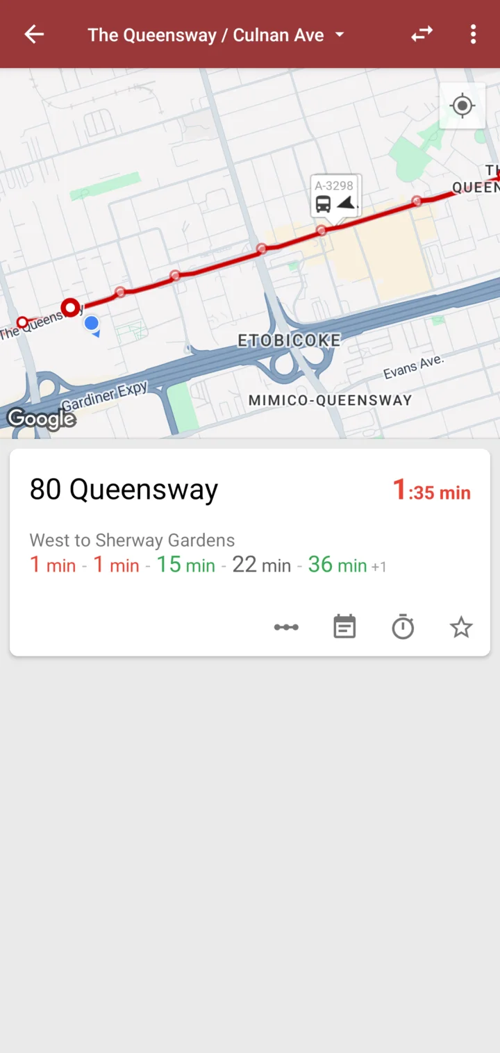 Stop details for 80 Queensway at Culnan Ave with a bus approaching on the map and a 1:35 countdown