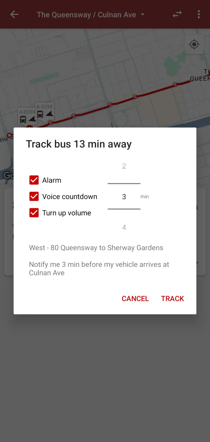 Track bus dialog with Alarm, Voice countdown and Turn up volume options, set to notify 3 minutes before arrival