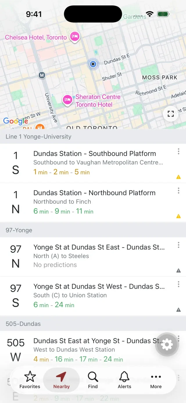Transit Now on iPhone: a map of downtown Toronto above nearby Line 1, 97 Yonge and 505 Dundas arrivals
